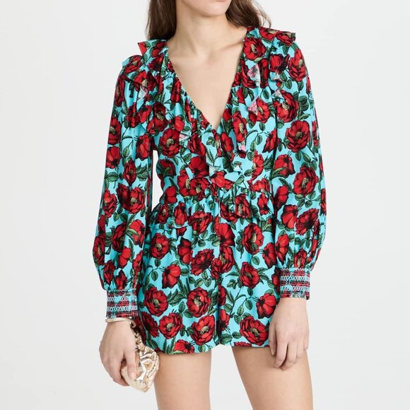 Alice + Olivia Women's Kami Deep V Romper, Beach Bliss Aqua, Red, Blue, Floral